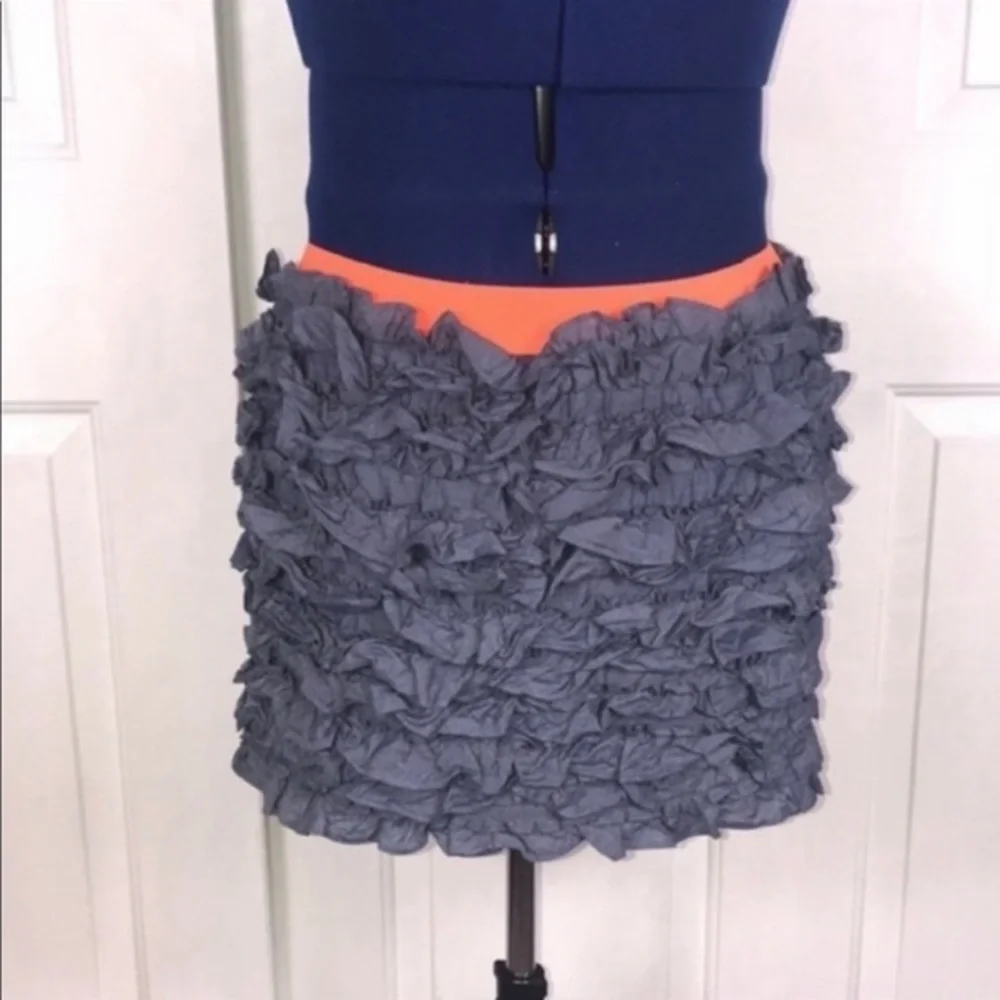 J. Crew M denim chambray ruffled‎ layers neon orange waistband 100% cotton skirt